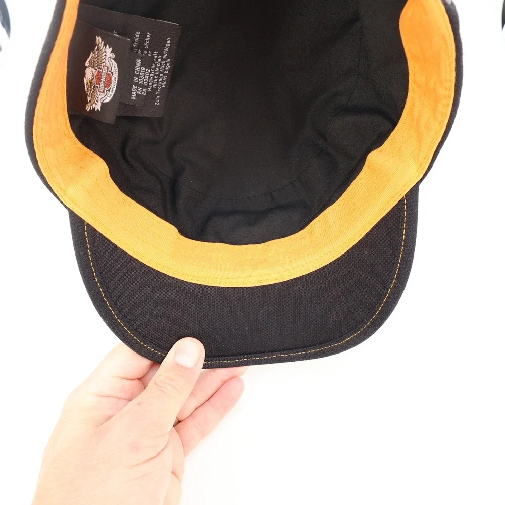 Harley Davidson Mens Black Canvas Military Cadet Hat Orange Contrast Stitching